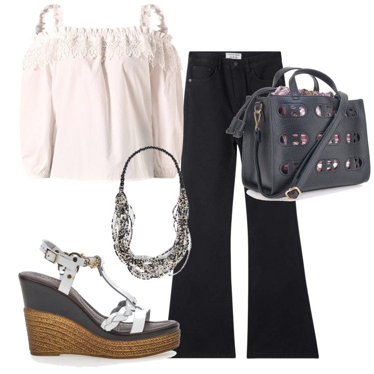 Outfit donna - Domenica pomeriggio. Stile Casual per Tutti i giorni. Abbinamento con jeans a zampa, bluse, collane, borse a mano, sandali in pelle.