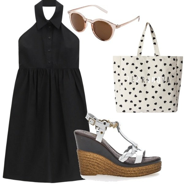 Outfit donna - Estate. Stile Casual per Tutti i giorni. Abbinamento con occhiali da sole, borse tote, vestiti midi/longuette, sandali in pelle.
