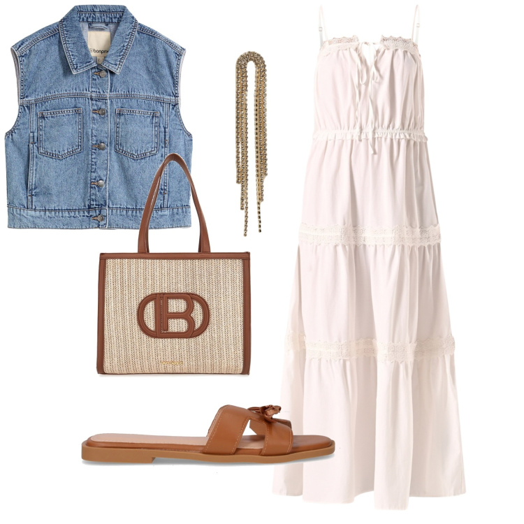 Outfit donna - Total look #2215906. Stile Romantica per Tutti i giorni. Abbinamento con gilet, orecchini, vestiti lunghi, borse a spalla, ciabatte.