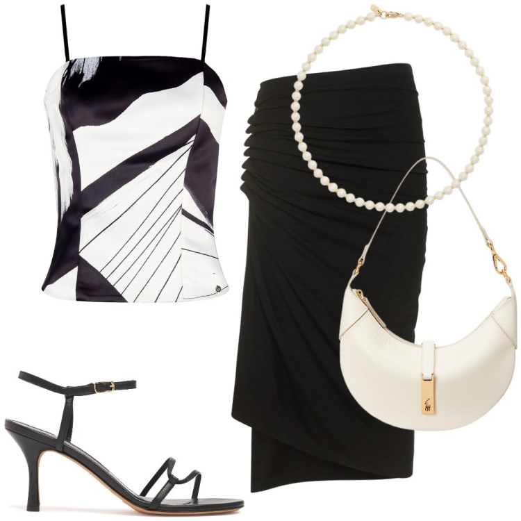 Outfit donna - Cerimonia elegante. Stile Chic per Cerimonia. Abbinamento con canottiere, borse a spalla, collane, gonne longuette, sandali in pelle.