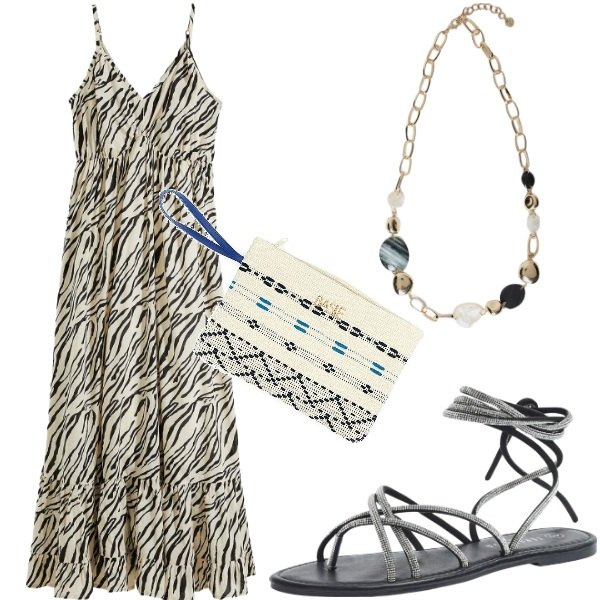 Outfit donna - Di sera ad Agosto. Stile Casual per Tutti i giorni. Abbinamento con vestiti lunghi, sandali alla schiava, collane, pochette.