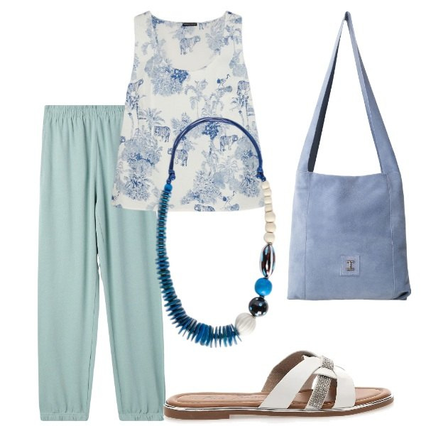 Outfit donna - Estate. Stile Casual per Tutti i giorni. Abbinamento con pantaloni, borse a tracolla, top, ciabatte, collane.