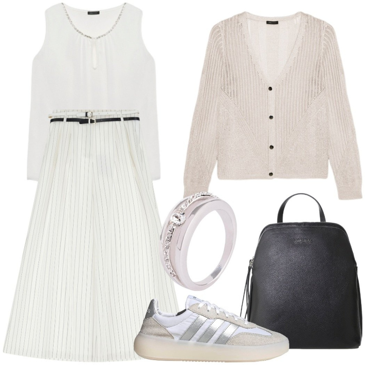 Outfit donna - Urban style. Stile Urban per Tutti i giorni. Abbinamento con anelli, pantaloni a palazzo, zaini, cardigans, top, sneakers.