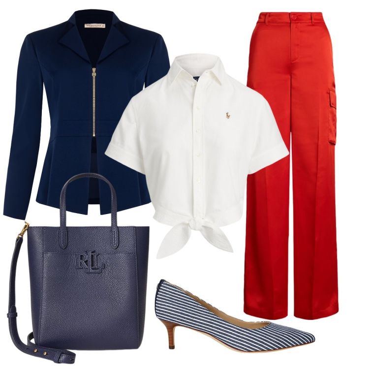 Outfit donna - Bianco Rosso & Blu. Stile Bon Ton per Tutti i giorni. Abbinamento con blazer, décolleté, borse tote, pantaloni cargo, camicie.