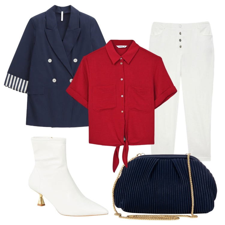 Outfit donna - Al club. Stile Chic per Tutti i giorni. Abbinamento con stivaletti, camicie a manica corta, pochette, blazer, pantaloni.