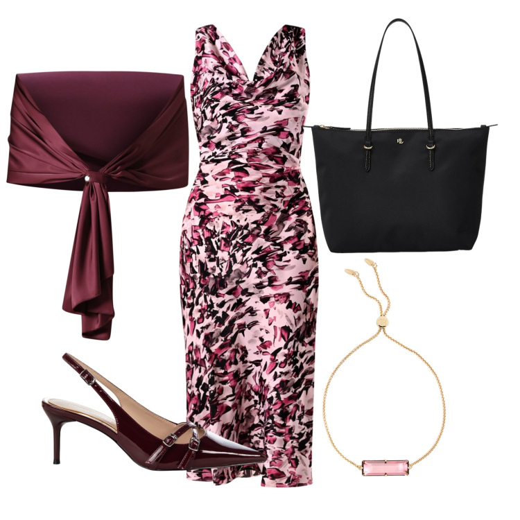 Outfit donna - Cena all\'aperto. Stile Casual chic per Serata fuori. Abbinamento con scialli, décolleté, vestiti a tubino, borse tote, braccialetti.