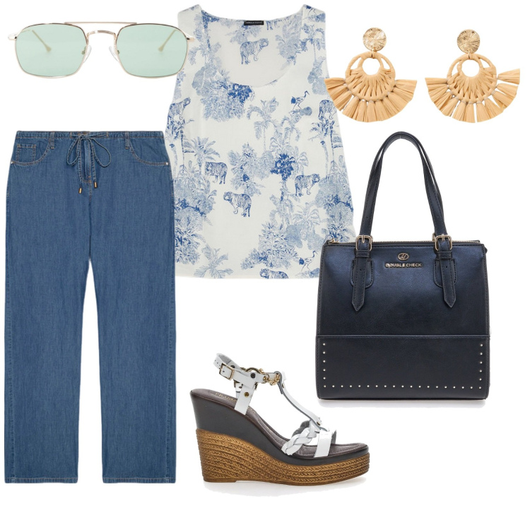 Outfit donna - Sfumature di blu. per Tutti i giorni. Abbinamento con orecchini, occhiali da sole, top, jeans, borse a mano, sandali in pelle.