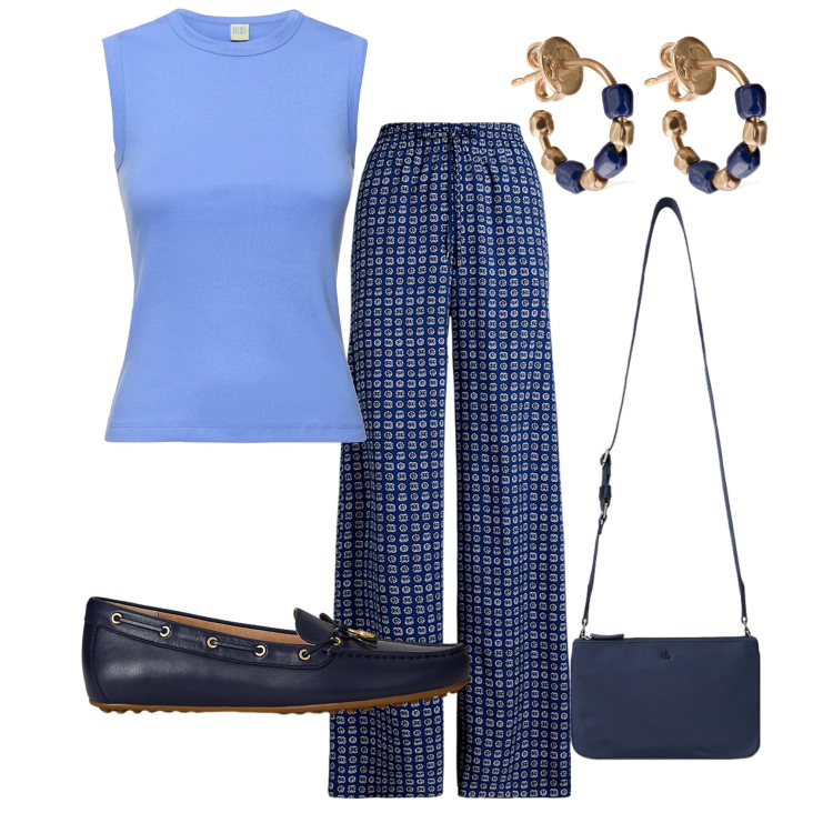 Outfit donna - A passeggio. Stile Casual per Tutti i giorni. Abbinamento con borse a tracolla, mocassini, pantaloni, orecchini, canottiere.