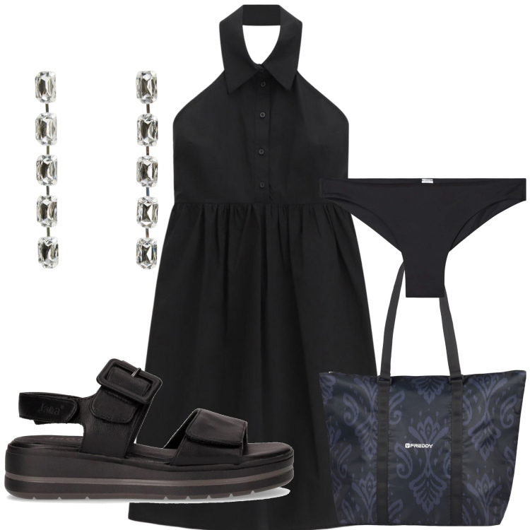 Outfit donna - Comodo ma glam per trattoria. Stile Trendy per Tutti i giorni. Abbinamento con culotte, orecchini, vestiti midi/longuette, shopping bag, sandali.