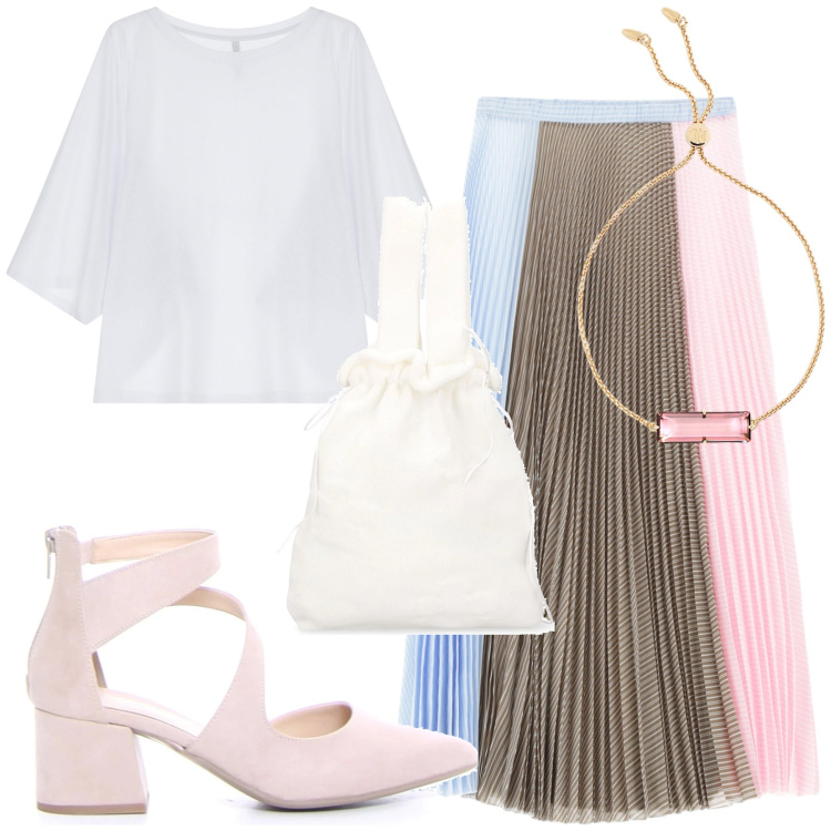 Outfit donna - Gonna originale. Stile Bon Ton per Ufficio. Abbinamento con gonne lunghe, t-shirt, braccialetti, borse a mano, sandali in pelle.