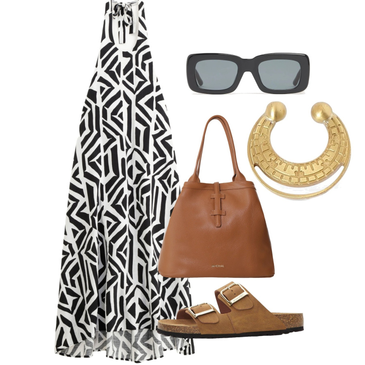 Outfit donna - Eleganza rilassata con abiti lunghi e va. Stile Chic per Tutti i giorni. Abbinamento con ciabatte, vestiti lunghi, borse tote, occhiali da sole, orecchini.