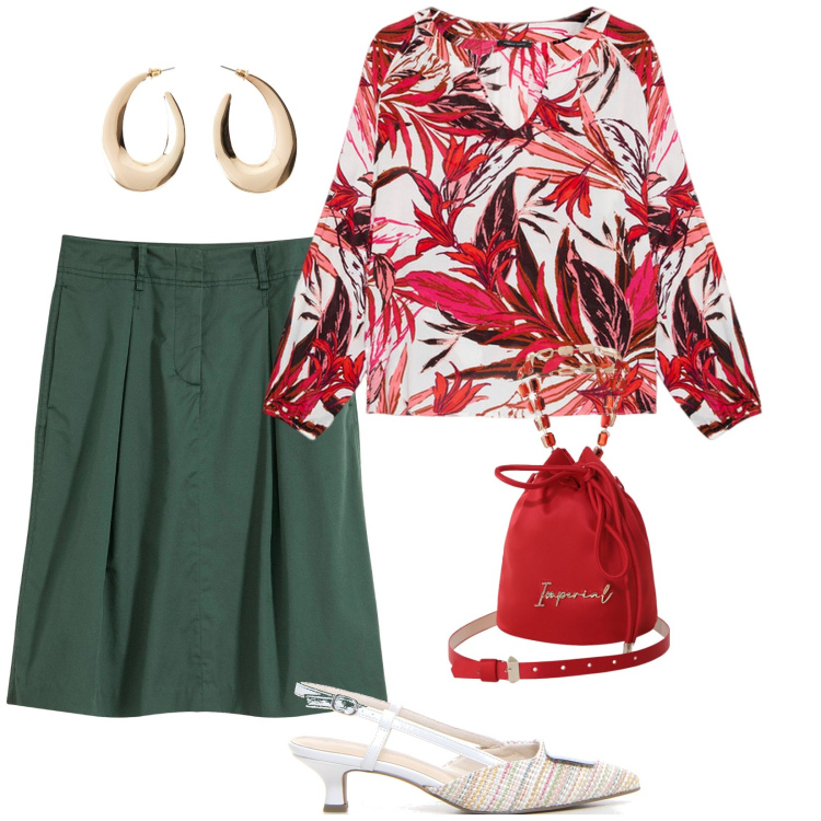 Outfit donna - Eleganza tutti i giorni. per Tutti i giorni. Abbinamento con orecchini, gonne longuette, borse a secchiello, décolleté, bluse.
