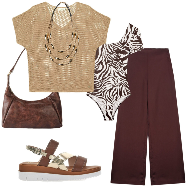 Outfit donna - Total look #2215958. Stile Etnico per Tutti i giorni. Abbinamento con borse a mano, body, maglieria, sandali col tacco, pantaloni a palazzo, collane.