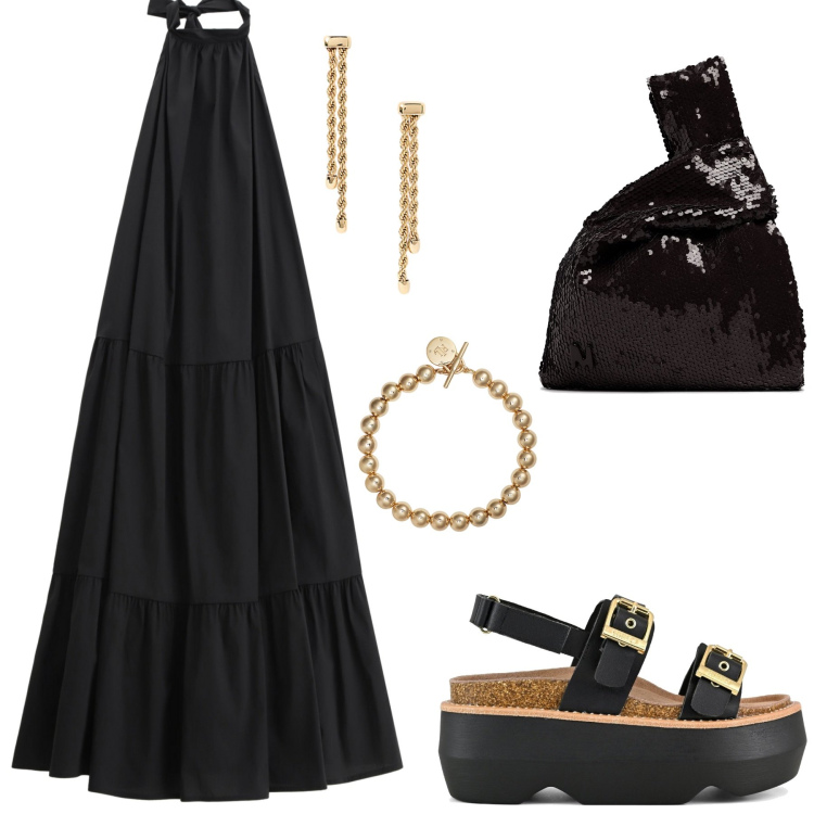 Outfit donna - Eleganza rilassata. Stile Casual chic per Serata fuori. Abbinamento con vestiti midi/longuette, braccialetti, orecchini, sandali col tacco, pochette.