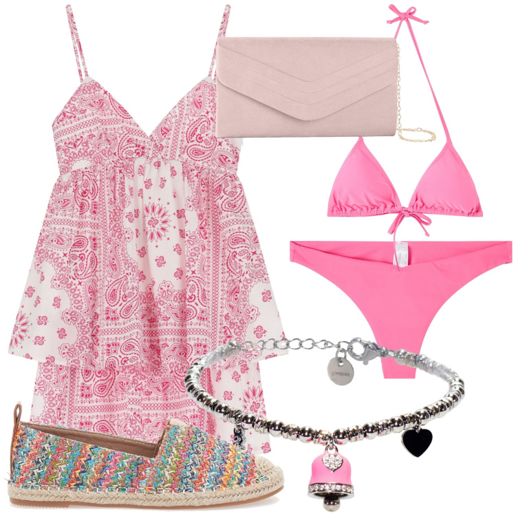 Outfit donna - Agosto rosa. Stile Chic per Mare. Abbinamento con pochette, bikini, bikini, vestiti corti, braccialetti, espadrillas.