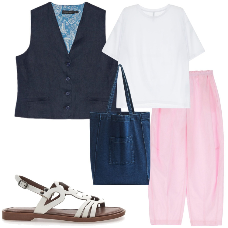 Outfit donna - Total look #2215962. Stile Casual per Tutti i giorni. Abbinamento con shopping bag, pantaloni, t-shirt, sandali, gilet.
