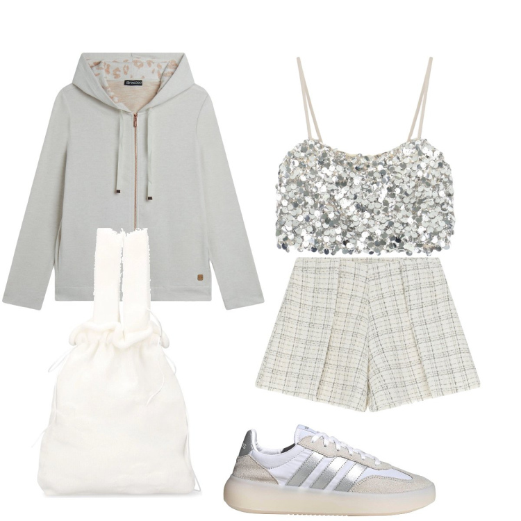 Outfit donna - Sporty chic argento….. Stile Sporty chic per Serata fuori. Abbinamento con shorts, top, felpe con cappuccio, sneakers, borse a mano.