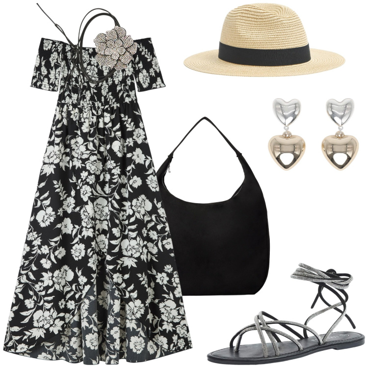Outfit donna - Terranova in riviera. Stile Casual per Mare. Abbinamento con vestiti lunghi, borse a mano, sandali alla schiava, orecchini, cappelli, collane.