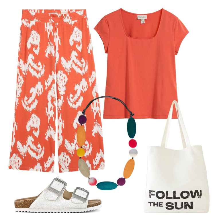 Outfit donna - Arancione caldo. Stile Basic per Tutti i giorni. Abbinamento con pantaloni, t-shirt, shopping bag, sandali, collane.