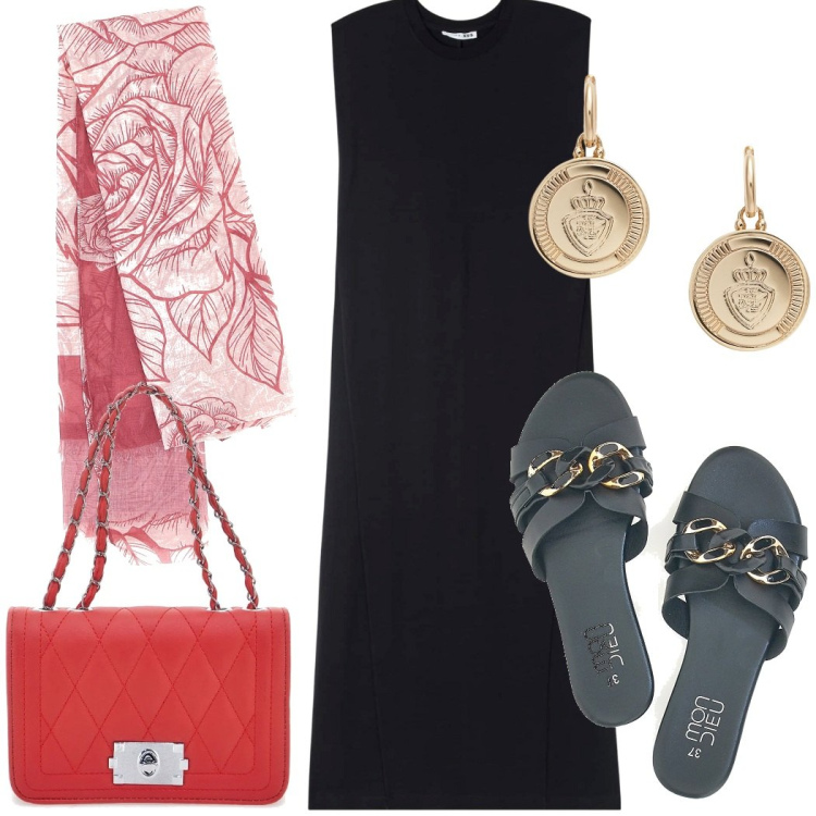Outfit donna - Colori sul tubino nero. Stile Casual chic per Tutti i giorni. Abbinamento con vestiti senza maniche, orecchini, ciabatte, foulard, borse a tracolla.