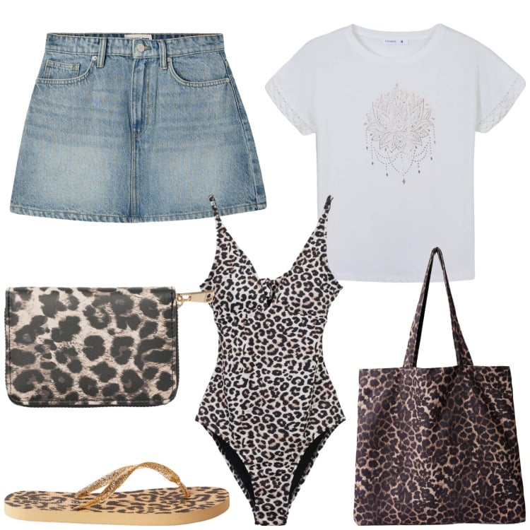 Outfit donna - Terranova vacanze. Stile Trendy per Mare. Abbinamento con t-shirt, portafogli, shopping bag, minigonne, costumi interi, infradito.