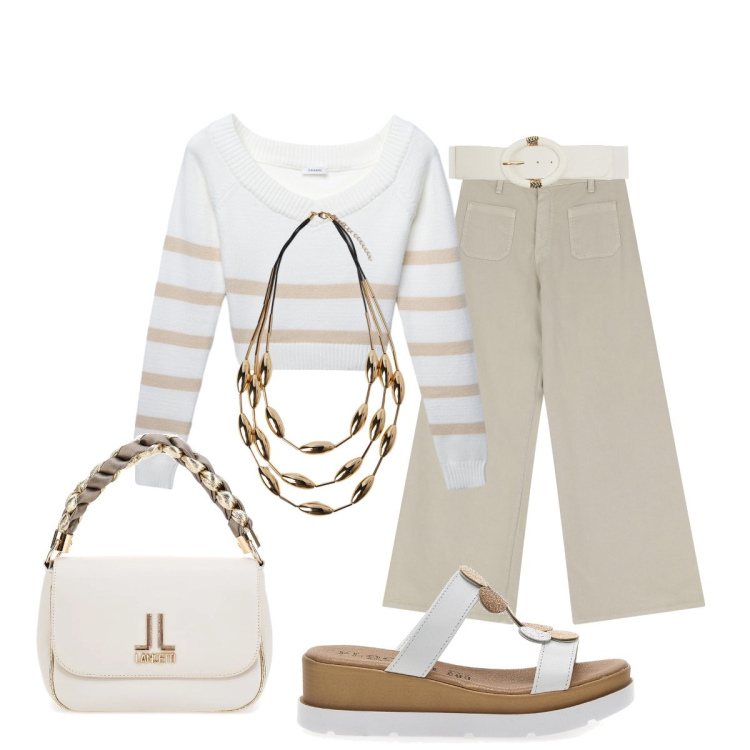 Outfit donna - In città. Stile Casual chic per Tutti i giorni. Abbinamento con cinture, maglieria, pantaloni, sandali col tacco, borse a tracolla, collane.