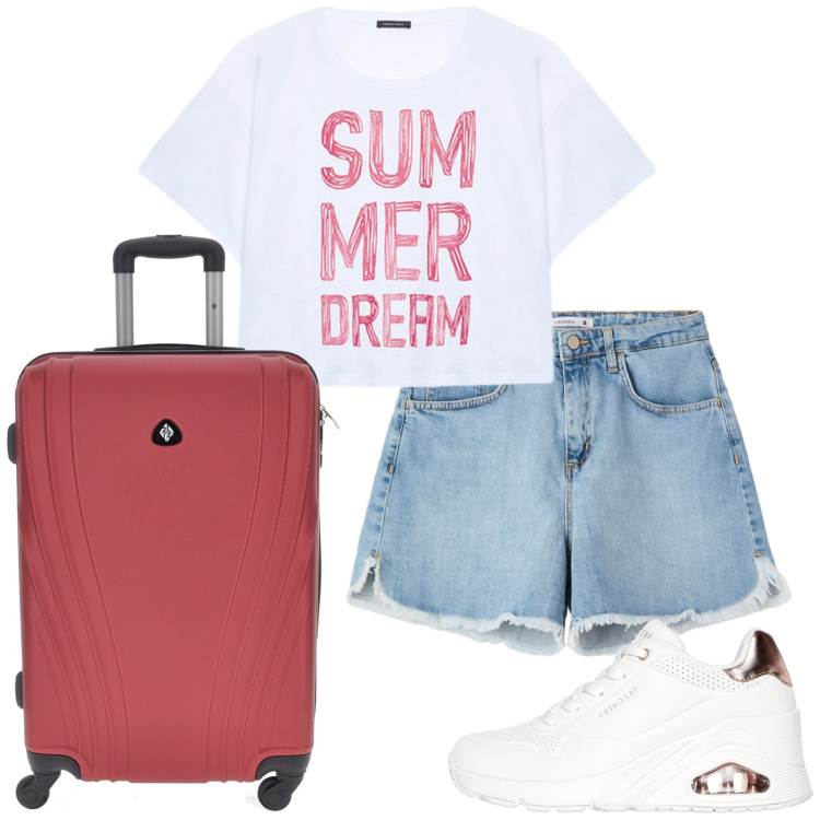 Outfit donna - Total look #2215987. Stile Basic per Tutti i giorni. Abbinamento con shorts, sneakers alte, t-shirt, valigie.