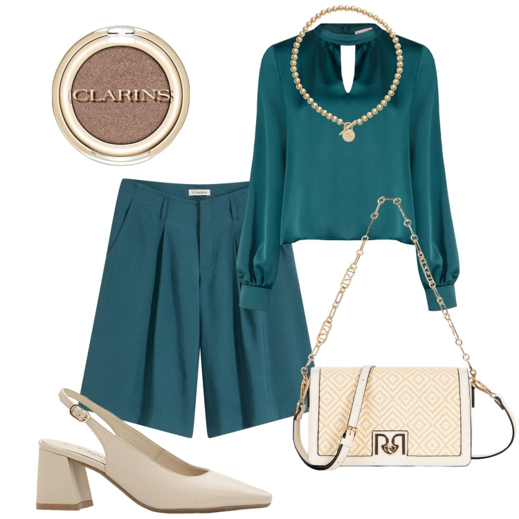 Outfit donna - Verde pepe in ufficio. Stile Glamour per Ufficio. Abbinamento con décolleté, bermuda, ombretti, bluse, borse a tracolla, collane.