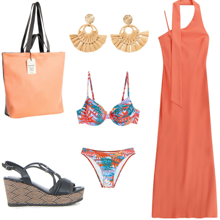 Outfit donna - Al mare. Abbinamento con bikini, orecchini, borse tote, vestiti lunghi, sandali in pelle.