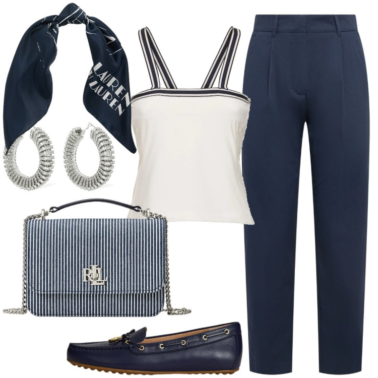 Outfit donna - Pranzo al club nautico. Stile Chic per Tutti i giorni. Abbinamento con borse a spalla, mocassini, foulard, pantaloni, orecchini, canottiere.