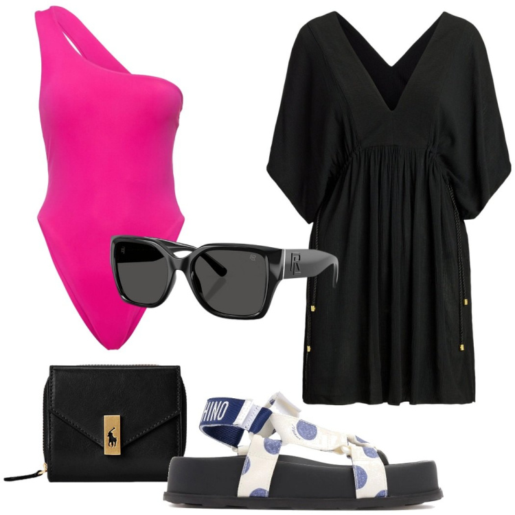 Outfit donna - Estate al mare. Stile Casual chic per Mare. Abbinamento con portafogli, occhiali da sole, vestiti da spiaggia, costumi interi, sandali.