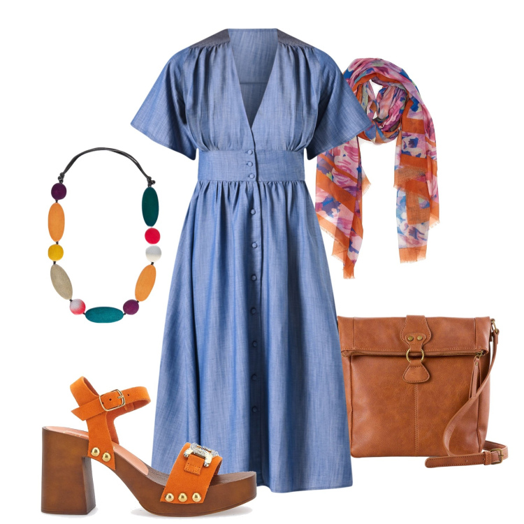 Outfit donna - Chemisier in chambray. Stile Boho per Tutti i giorni. Abbinamento con borse a tracolla, vestiti chemisier, zoccoli, collane, sciarpe.