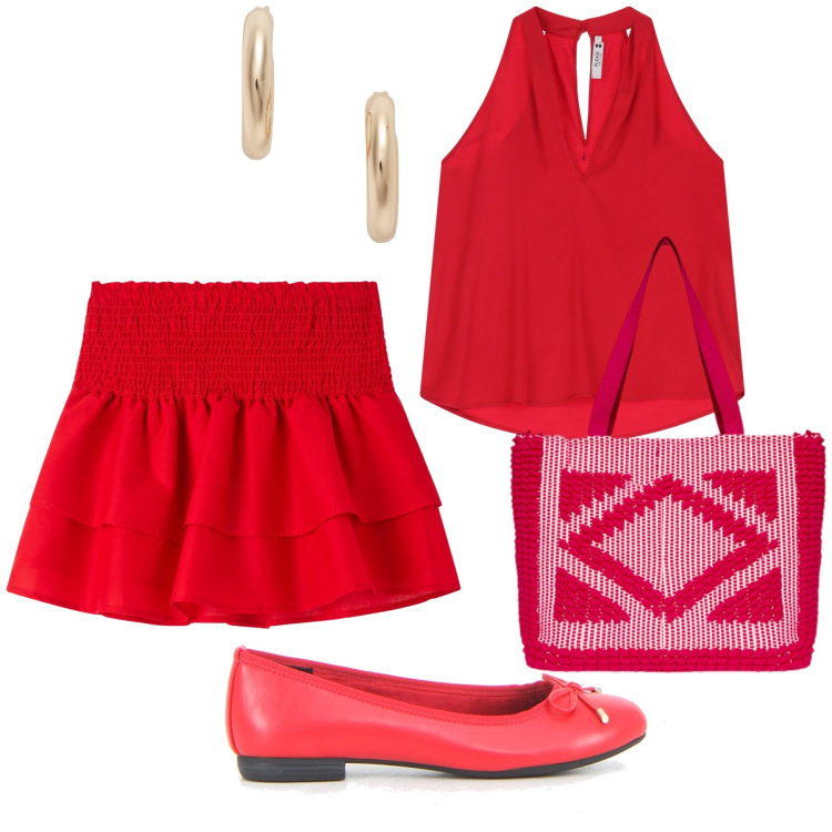Outfit donna - Rosso aperitivo. Stile Trendy per Serata fuori. Abbinamento con minigonne, top, orecchini, borse a mano, ballerine.