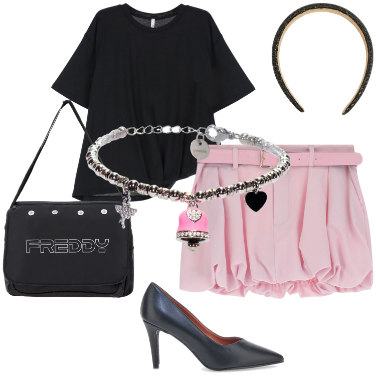 Outfit donna - Palloncino mini per cena al ristorante. Stile Glamour per Serata fuori. Abbinamento con cerchietti, minigonne, t-shirt, braccialetti, borse messenger, décolleté.
