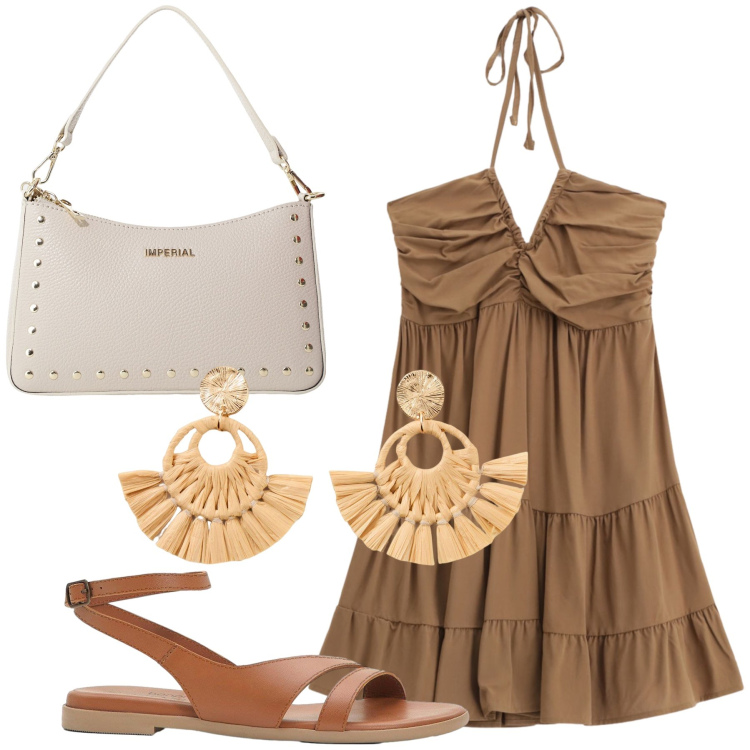 Outfit donna - Gusto cioccolato con panna. Stile Trendy per Tutti i giorni. Abbinamento con orecchini, sandali in pelle, vestiti corti, borse a spalla.