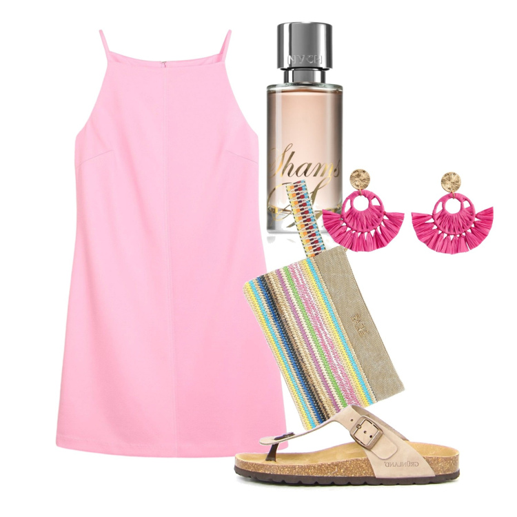 Outfit donna - Agosto. Stile Bon Ton per Tutti i giorni. Abbinamento con vestiti corti, orecchini, profumi, pochette, infradito.