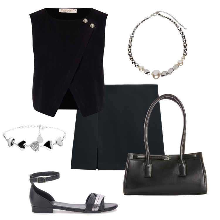 Outfit donna - Stasera total black. Stile Chic per Serata fuori. Abbinamento con borse a mano, minigonne, top, braccialetti, collane, sandali col tacco.