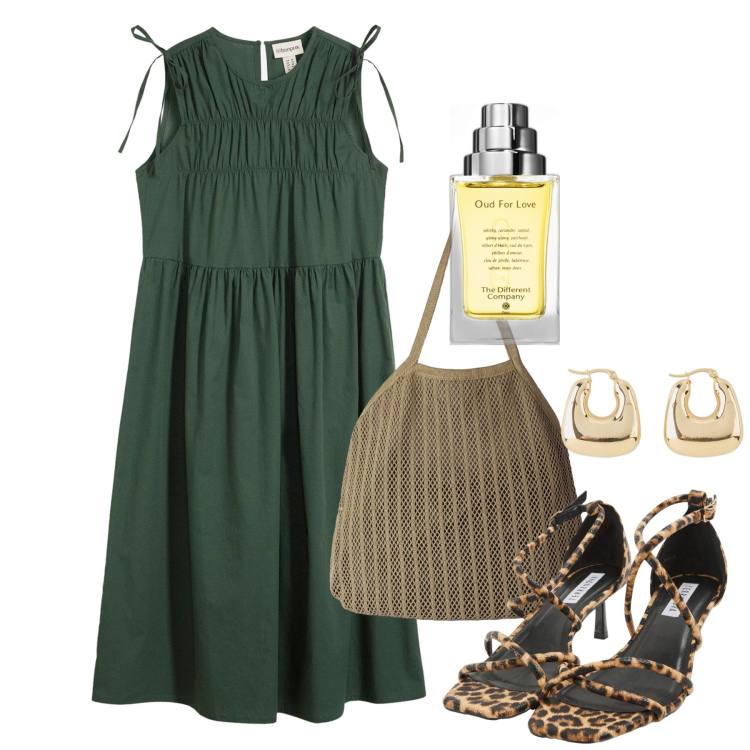 Outfit donna - Foresta. Stile Chic per Serata fuori. Abbinamento con orecchini, vestiti, profumi, sandali col tacco, borse tote.