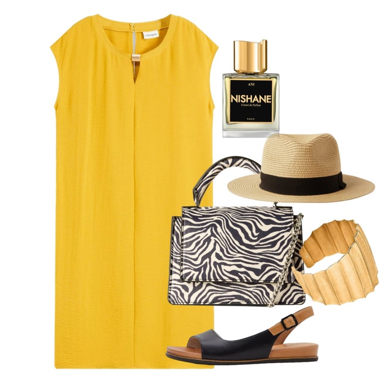 Outfit donna - Giallo agosto. Stile Chic per Tutti i giorni. Abbinamento con sandali, vestiti, profumi, borse a tracolla, cappelli, braccialetti.