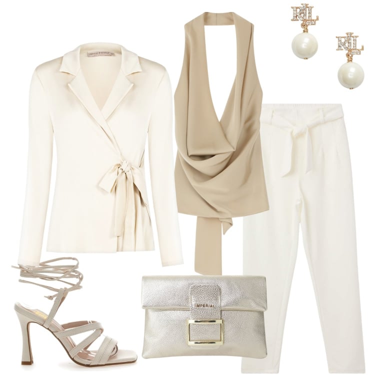 Outfit donna - Cerimonia Estiva. Stile Chic per Cerimonia. Abbinamento con pantaloni chino, blazer, top, pochette, orecchini, sandali col tacco.