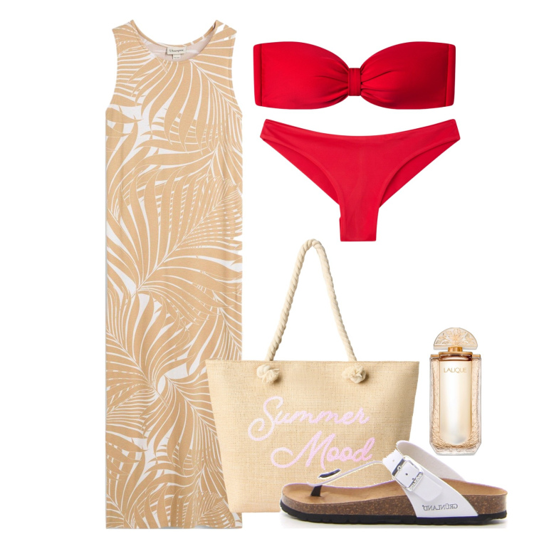 Outfit donna - Agosto. Stile Chic per Tutti i giorni. Abbinamento con vestiti, profumi, borse tote, bikini, bikini, infradito.