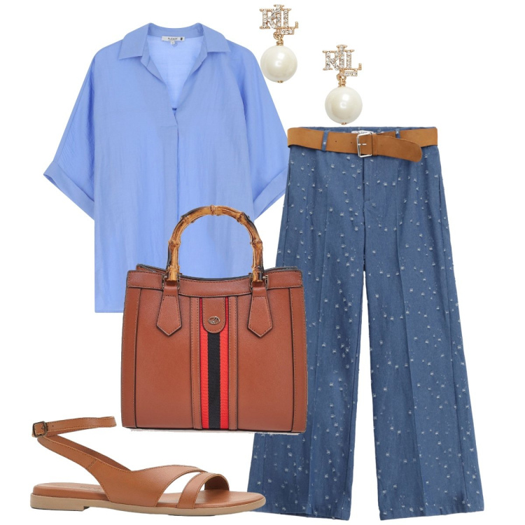 Outfit donna - Ferragosto in città. Stile Bon Ton per Tutti i giorni. Abbinamento con sandali in pelle, pantaloni, camicie a manica corta, orecchini, borse a tracolla.