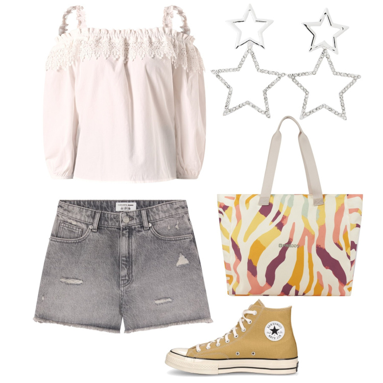 Outfit donna - Sneakers tutti i giorni. Stile Casual per Tutti i giorni. Abbinamento con orecchini, shorts, bluse, shopping bag, sneakers.