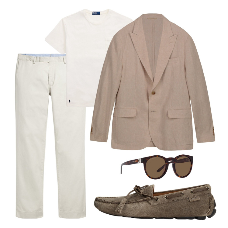 Outfit uomo - Blazer destrutturato!. Stile Casual per Serata speciale. Abbinamento con scarpe stringate, pantaloni chino, t-shirt, occhiali da sole, giacche.