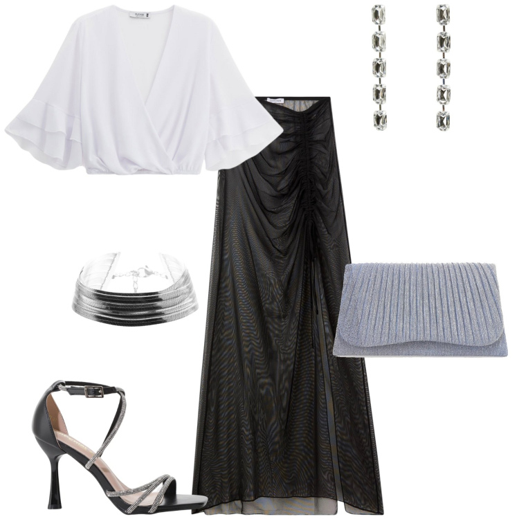 Outfit donna - Total look #2216033. Stile Glamour per Serata fuori. Abbinamento con gonne lunghe, orecchini, top, sandali col tacco, braccialetti, clutch.