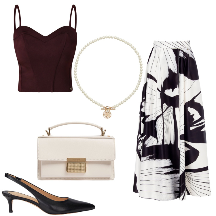 Outfit donna - Agosto di giorno e di sera. Stile Chic per Cerimonia. Abbinamento con gonne lunghe, top, ciondoli, décolleté, borse a mano.