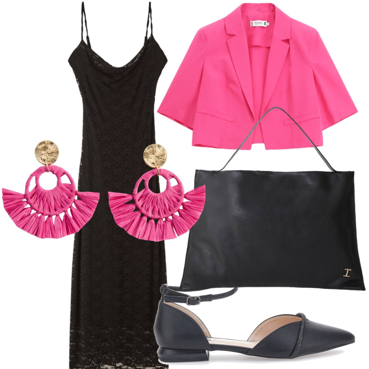 Outfit donna - Un po’ di colore nell ufficio estivo. Stile Chic per Ufficio. Abbinamento con orecchini, vestiti senza maniche, blazer, borse a spalla, ballerine.