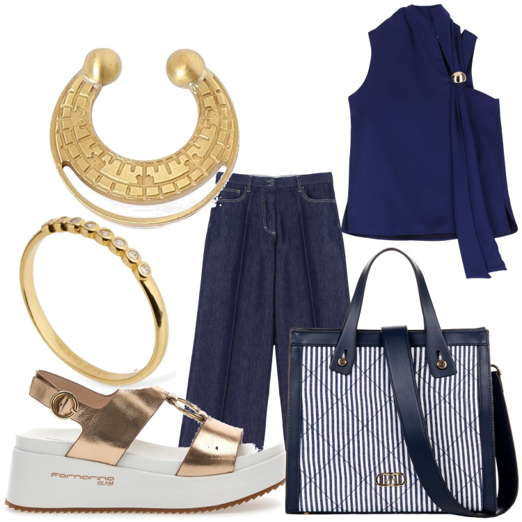 Outfit donna - Blu e oro. Stile Bon Ton per Tutti i giorni. Abbinamento con shopping bag, jeans, top, sandali, orecchini, anelli.