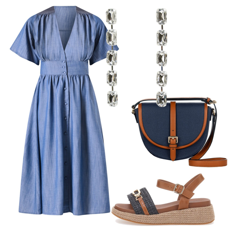Outfit donna - Tempo di saldi. Stile Casual per Tutti i giorni. Abbinamento con orecchini, borse a tracolla, vestiti chemisier, sandali.