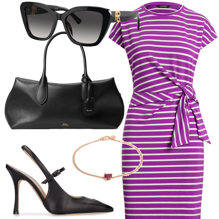 Outfit donna - Ufficio in tubino. Stile Glamour per Ufficio. Abbinamento con occhiali da sole, borse a mano, vestiti, braccialetti, décolleté.